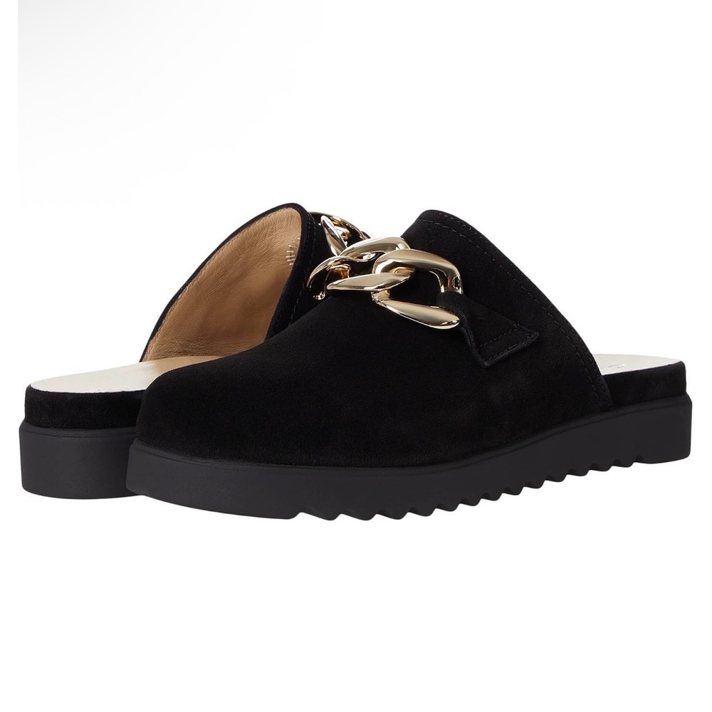 La Canadienne Ellie Black Suede Gold Chain Lug Sole Mules Womens Size 6